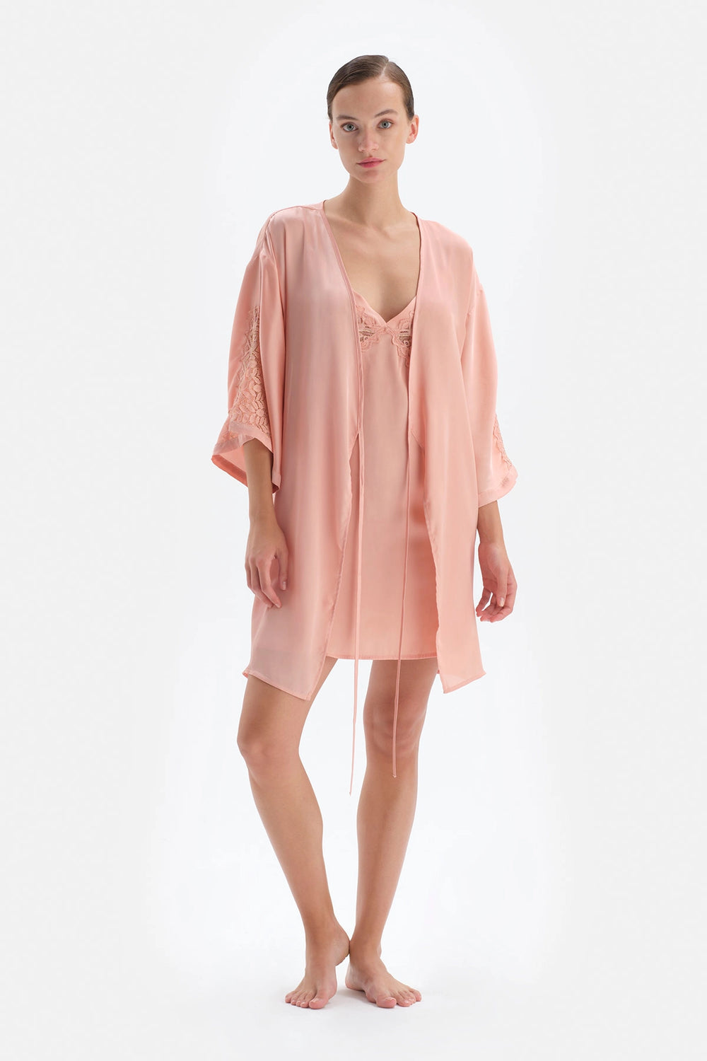 Somon Dantel Detaylı Bağlamalı Saten Sabahlık