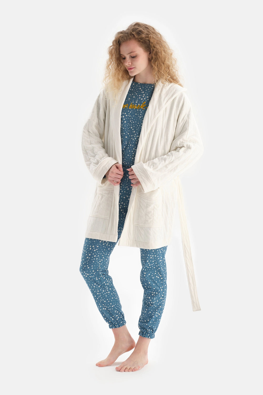 Ekru Şal Yaka Astarlı Pamuklu Sabahlık