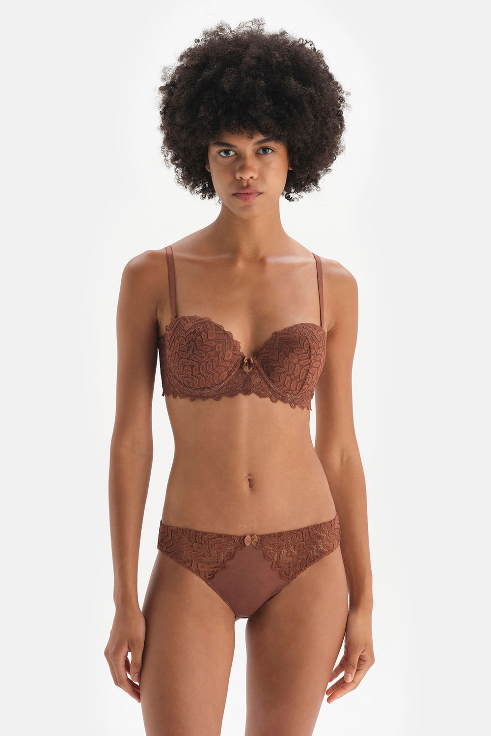 Kahverengi Balenli Yarı Dolgulu Straplez Sütyen