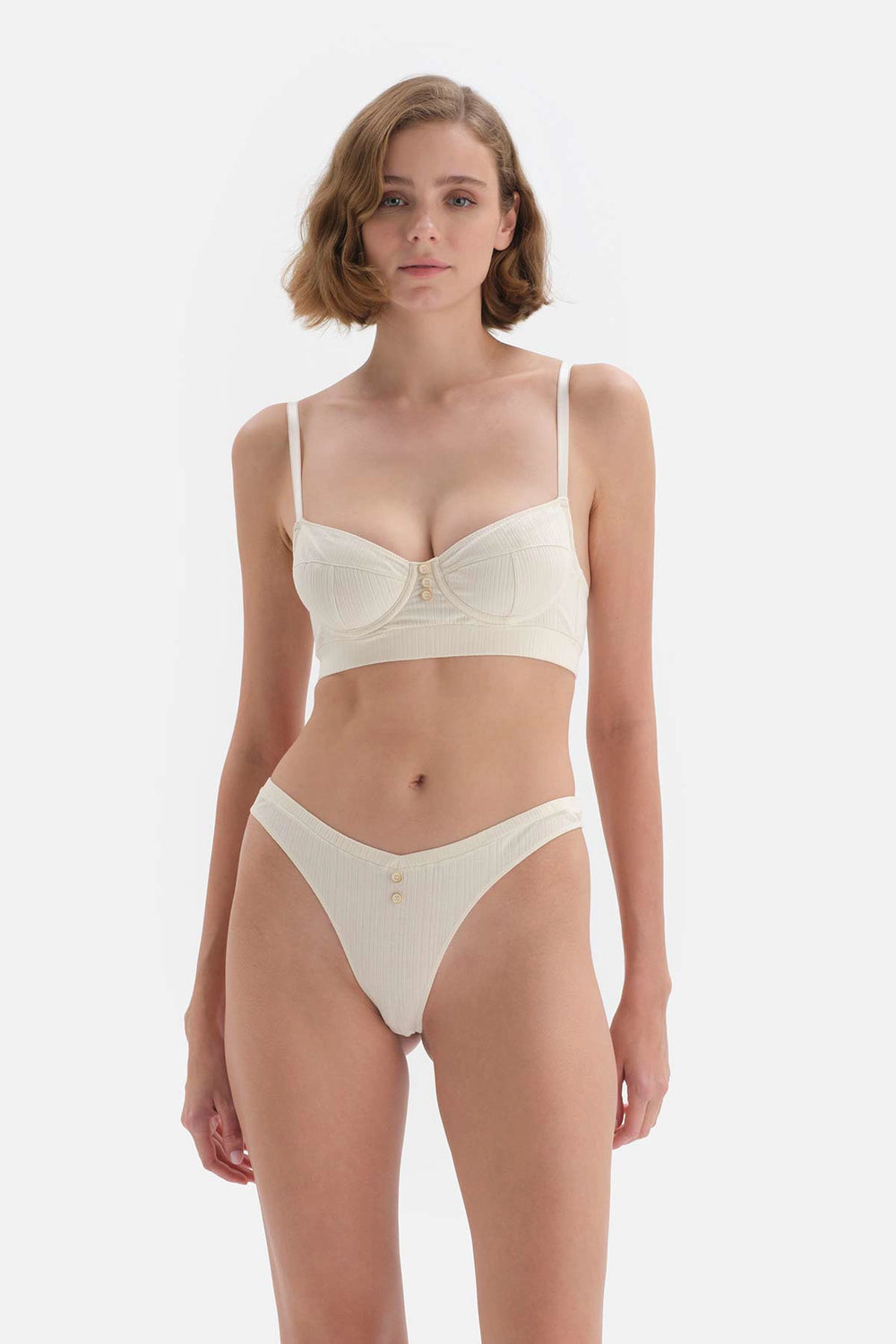Ekru Düğme Detaylı Ribana Balenli Sütyen