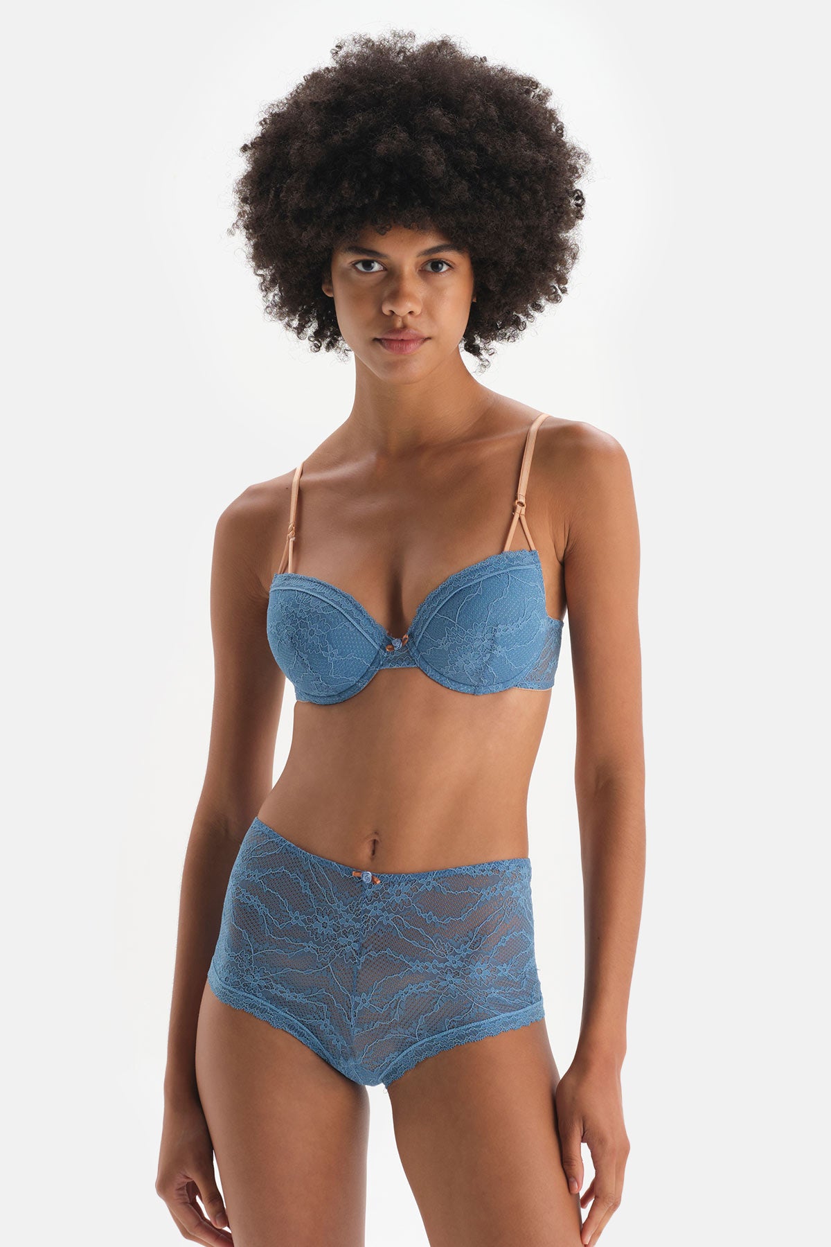 Mavi Garni Detaylı Yarı Dolgulu Balenli Sütyen