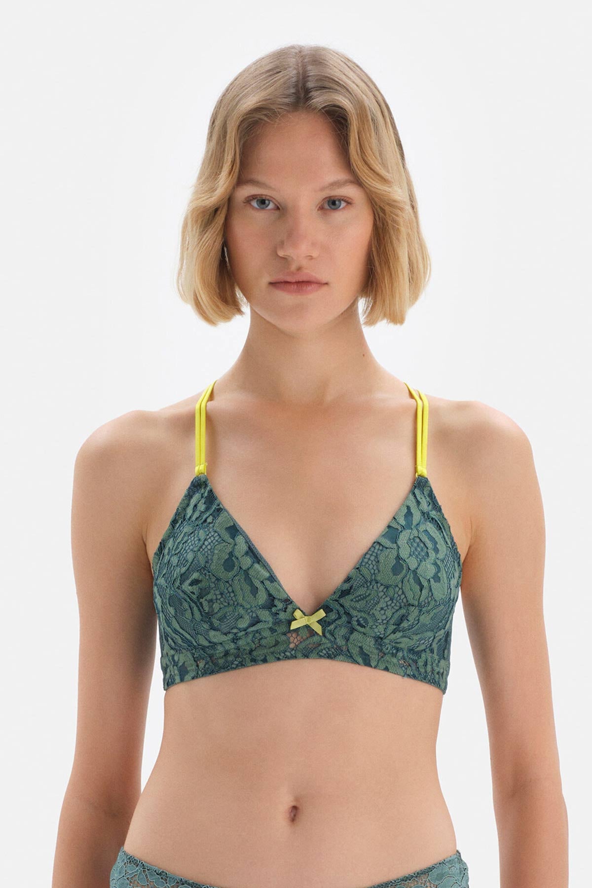 Yeşil Üçgen Tak Çık Kaplı Balensiz File Detaylı Bralet Sütyen