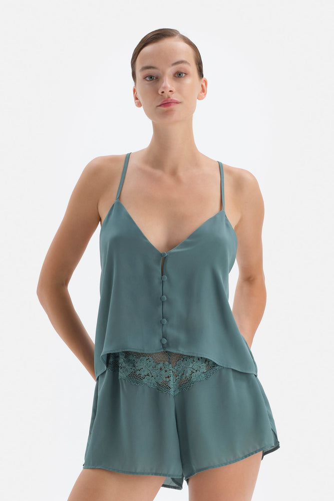 Yeşil Ince Askılı Sırt Detaylı Camisole Pijama Üstü