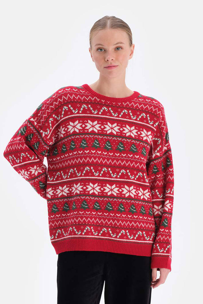 Kırmızı Yılbaşı Temalı Oversize Triko Kazak