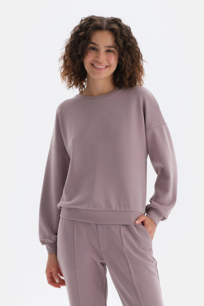 Açık Lila Bisiklet Yaka Uzun Kollu Sweatshirt