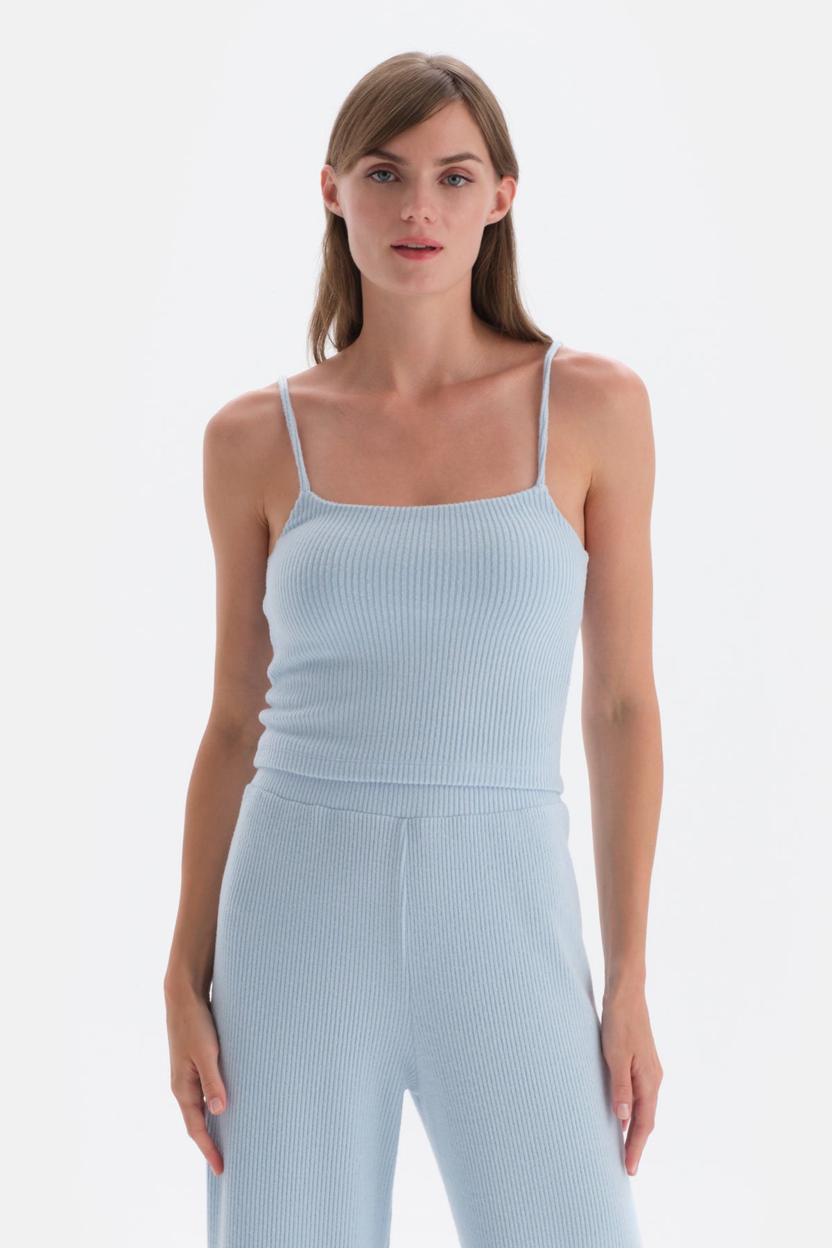 Mavi Ince Askılı Kaşkorse Atlet Pijama Üstü