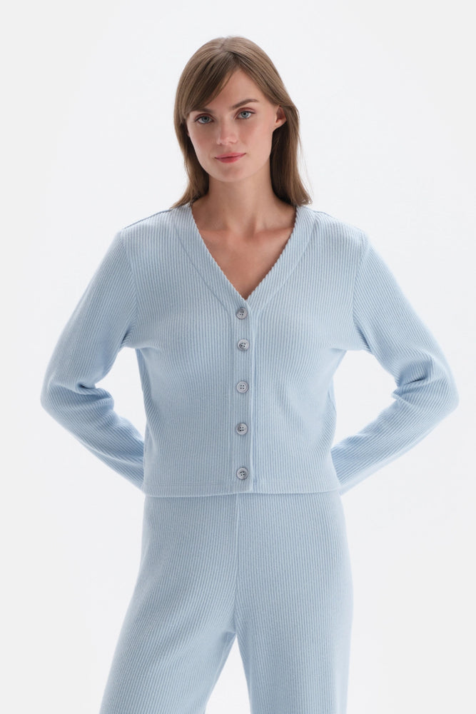 Mavi Düğme Detaylı Kaşkorse Hırka Pijama Üstü