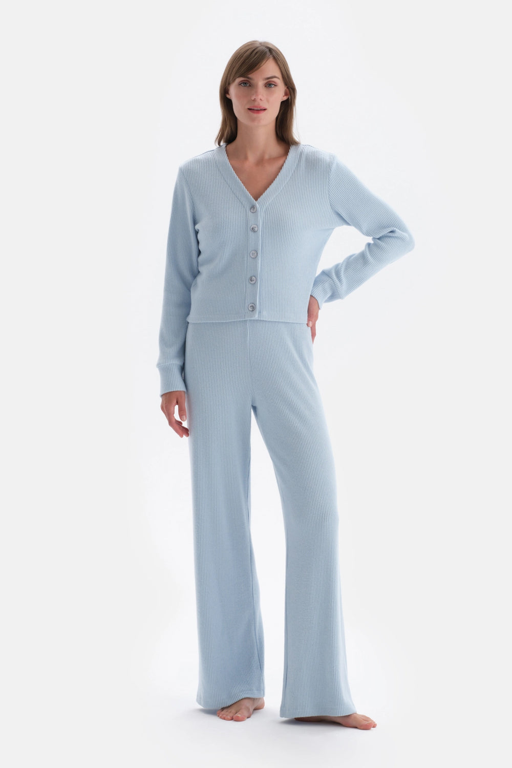 Mavi Düğme Detaylı Kaşkorse Hırka Pijama Üstü