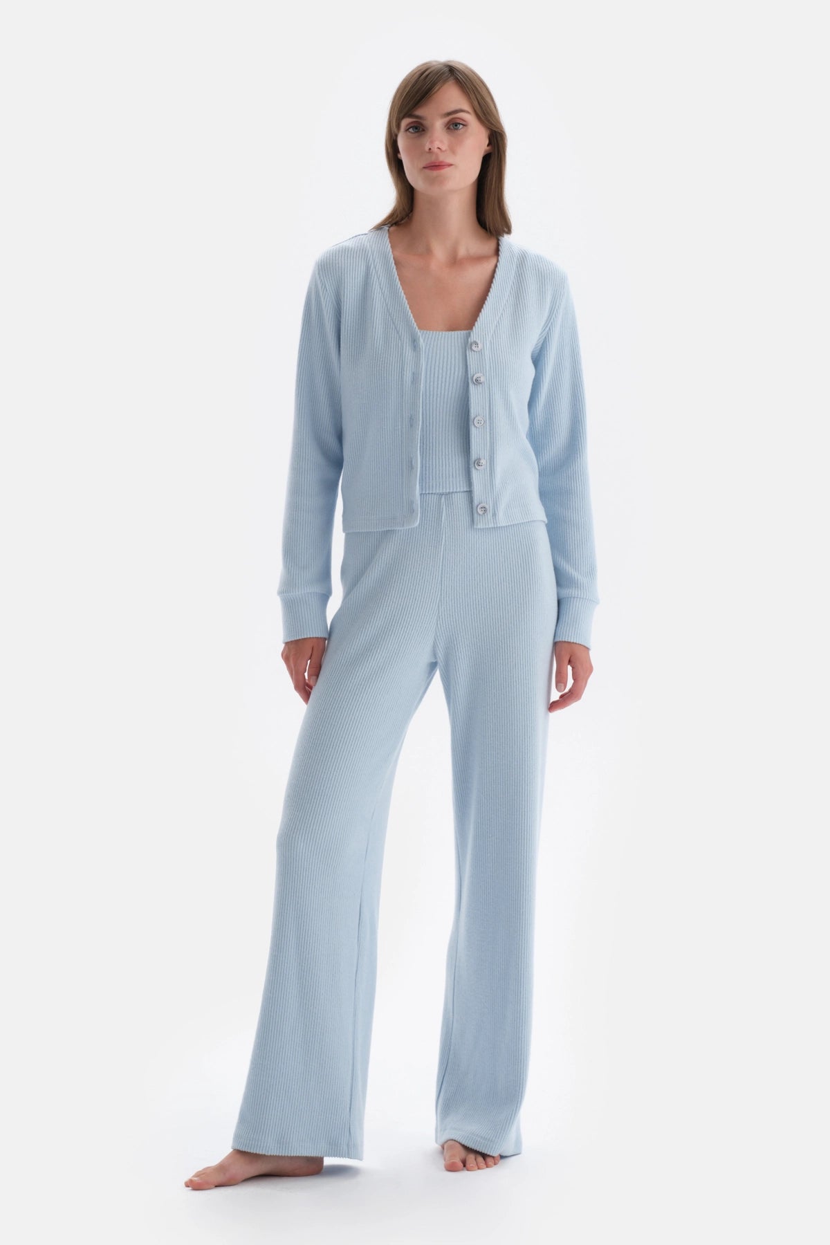 Mavi Düğme Detaylı Kaşkorse Hırka Pijama Üstü