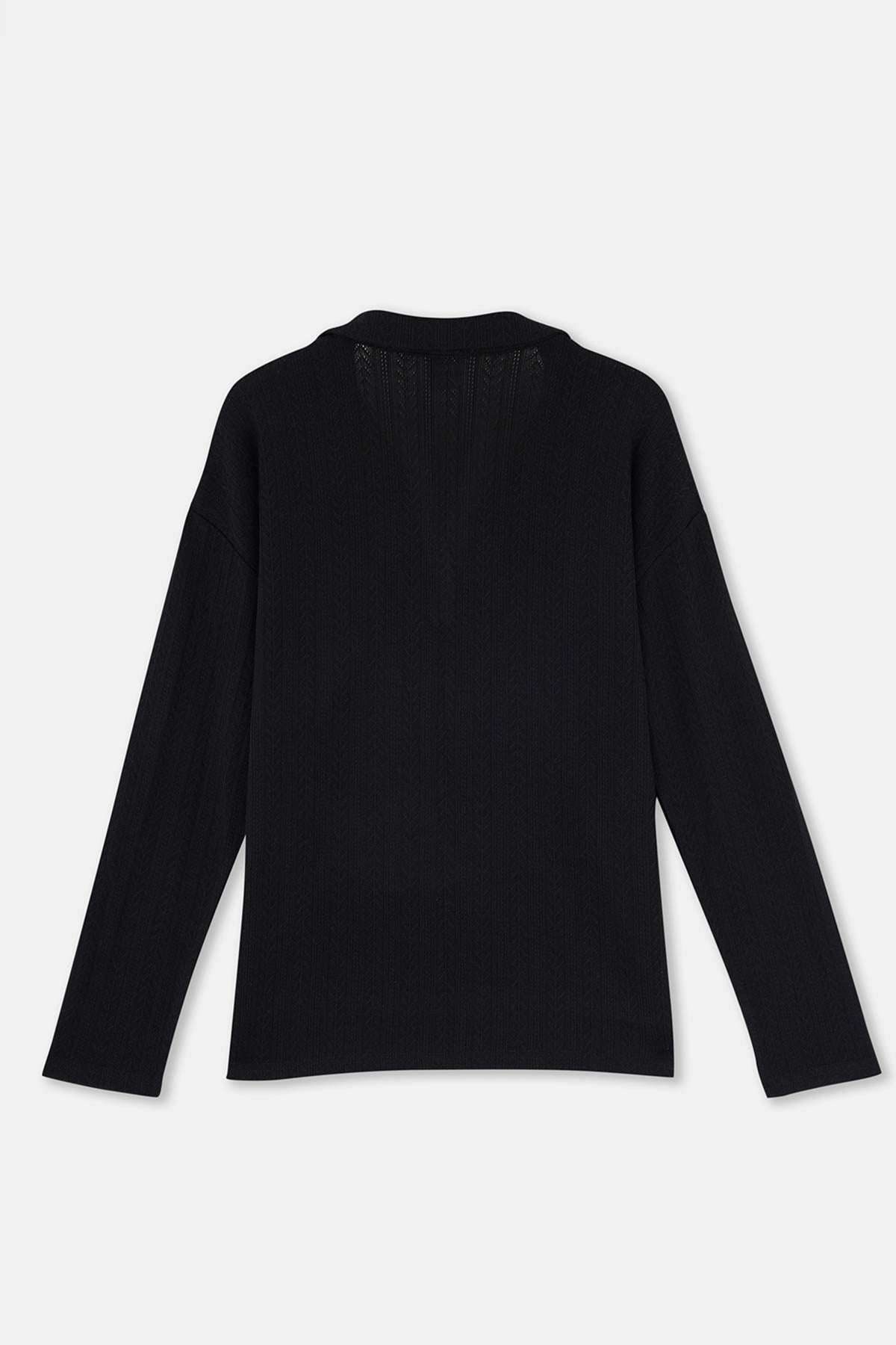 Siyah Polo Yaka Yarım Patlı Sweatshirt