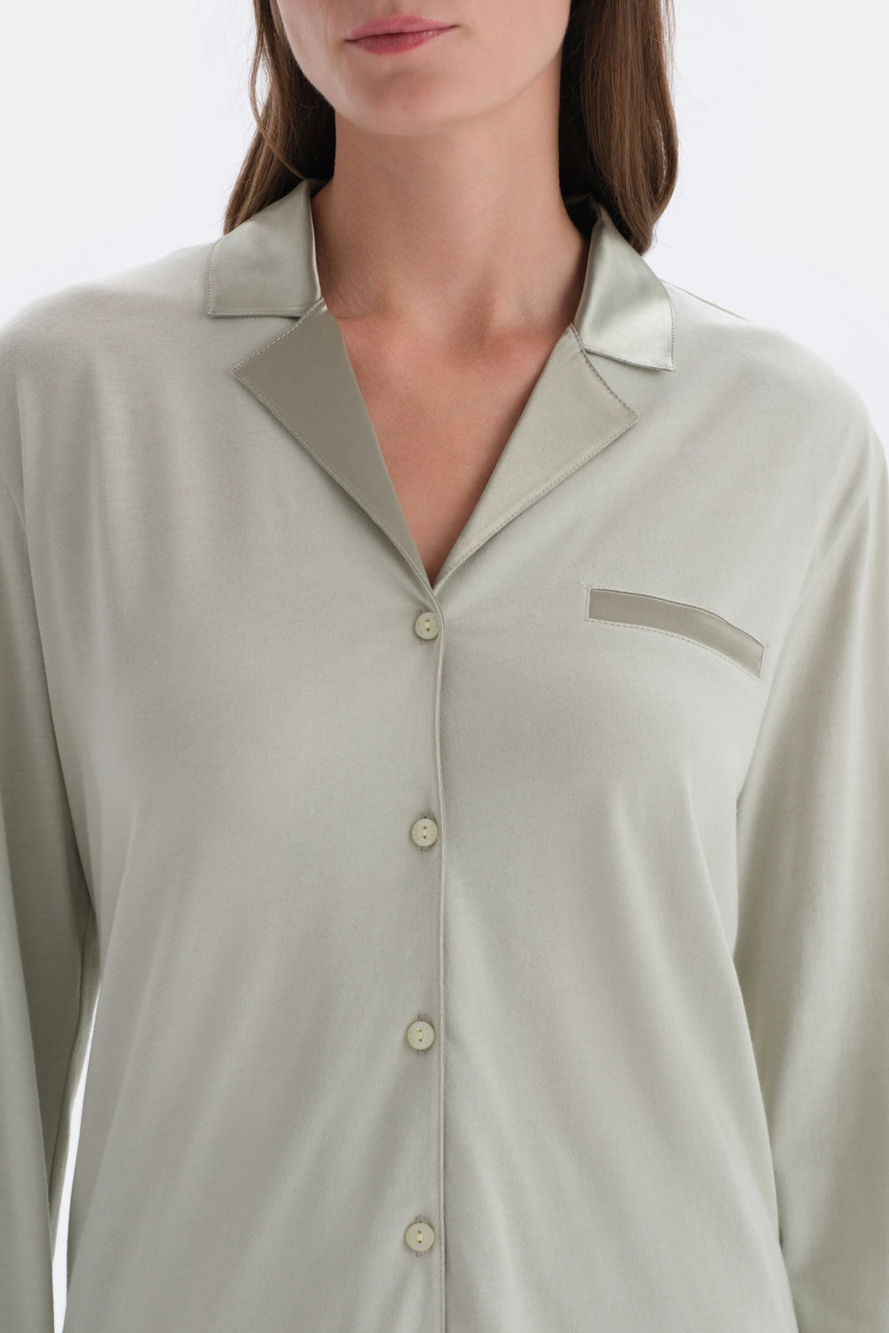 Açık Yeşil Saten Yaka Detaylı Örme Pijama Takımı