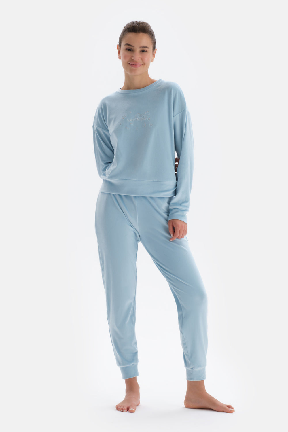 Açık Mavi Fransız Kadife Nakış Detaylı Pijama Takımı