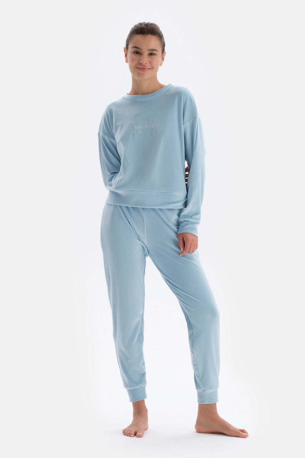 Açık Mavi Fransız Kadife Nakış Detaylı Pijama Takımı