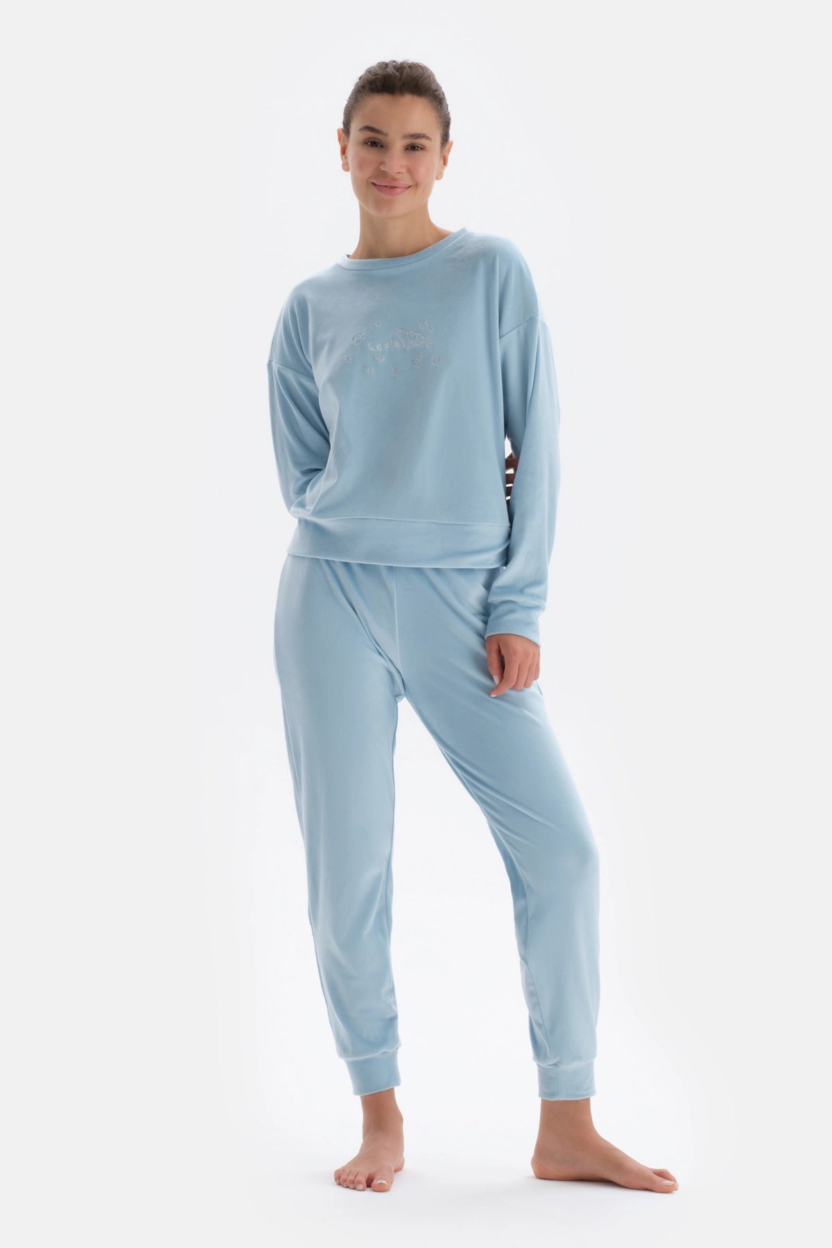 Açık Mavi Fransız Kadife Nakış Detaylı Pijama Takımı