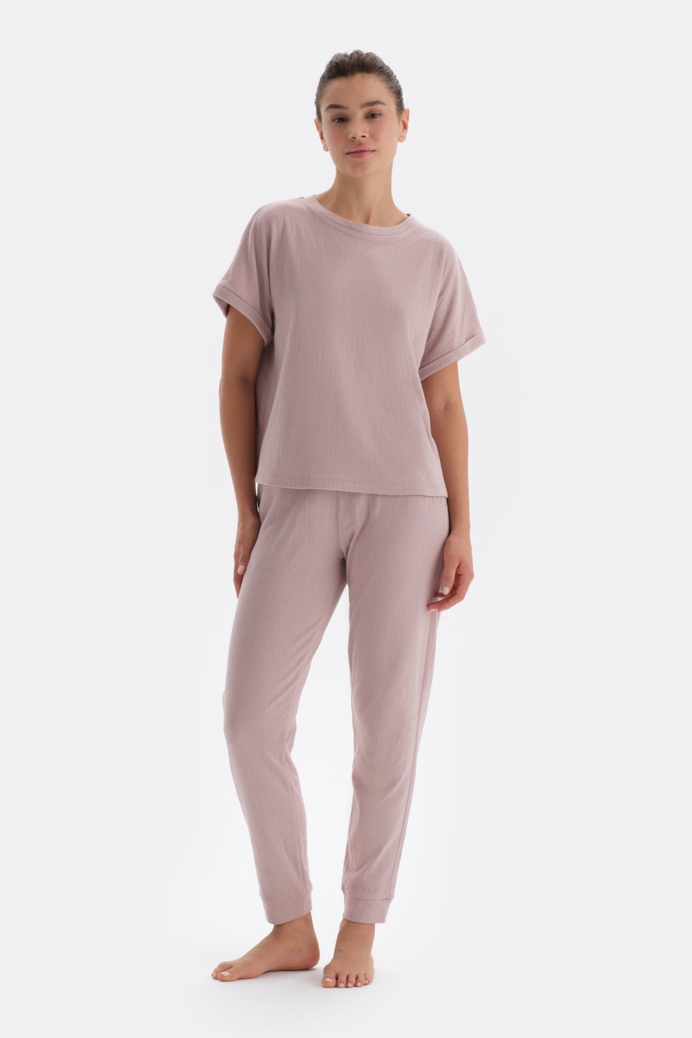 Açık Pembe Kısa Kollu Oversize Jogger Paça Pijama Takımı
