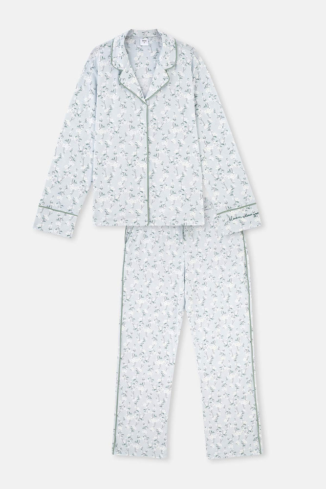 Turkuaz Gömlek Yaka Çiçek Desenli Plus Size Örme Pijama Takımı