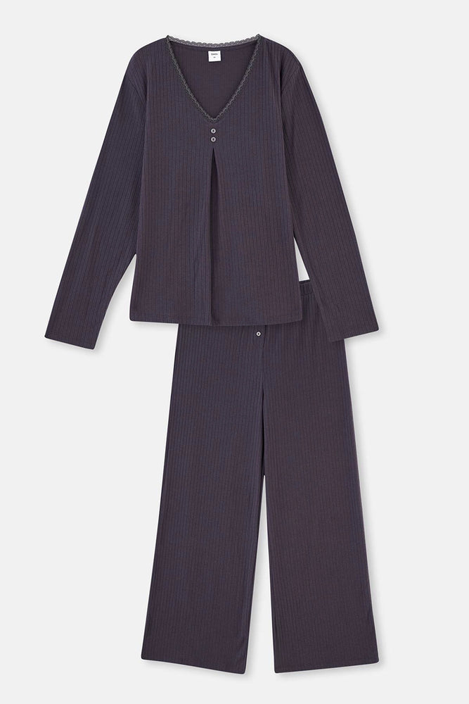 Antrasıt Dantel Detaylı Plus Size Viskon Pijama Takımı