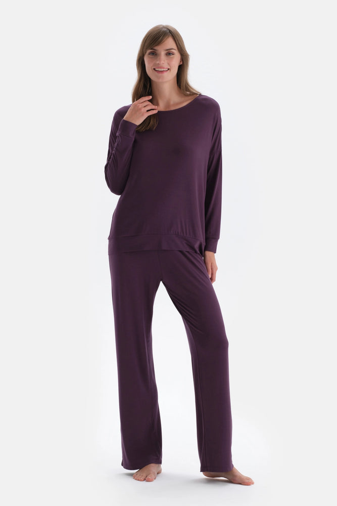 Mor Kayık Yaka Uzun Kollu Modal Pijama Takımı