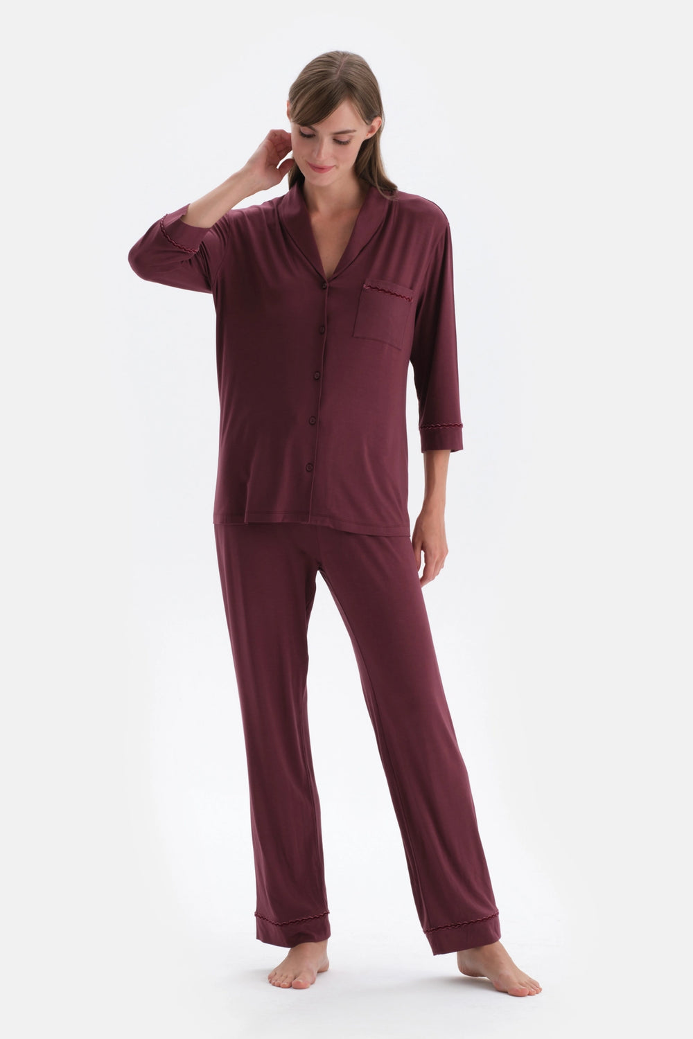 Bordo Kadife Şerit Detaylı Gömlek Pantolon Pijama Takımı