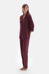 Bordo Kadife Şerit Detaylı Gömlek Pantolon Pijama Takımı