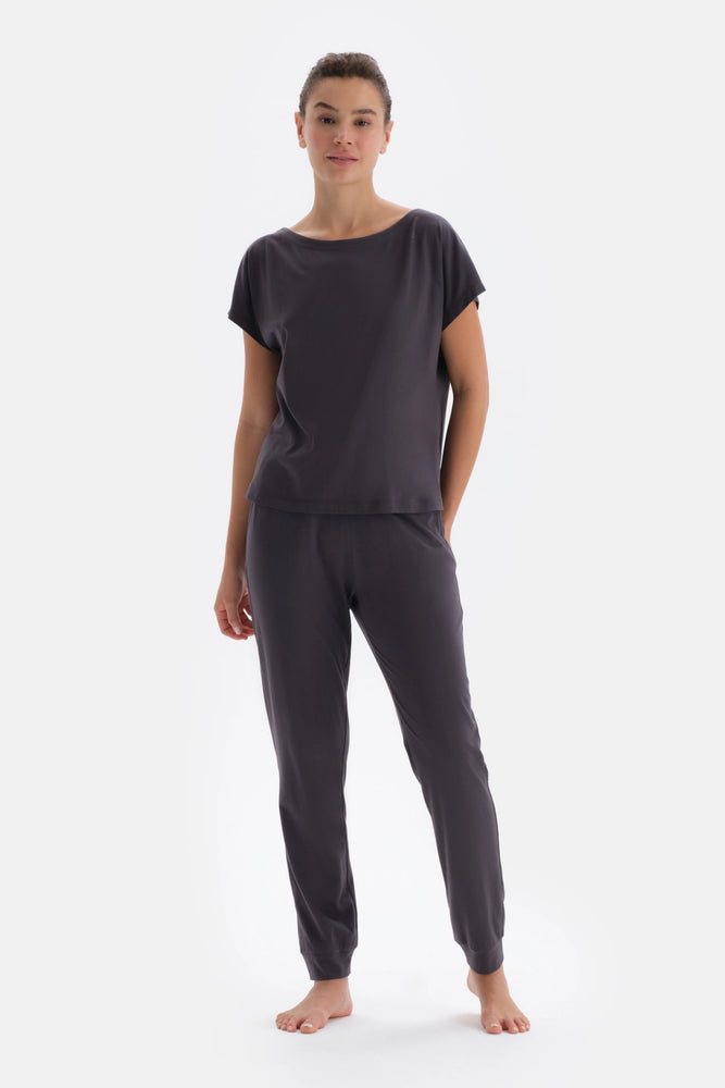 Antrasıt Kayık Yaka Kısa Kollu Örme Pijama Takımı