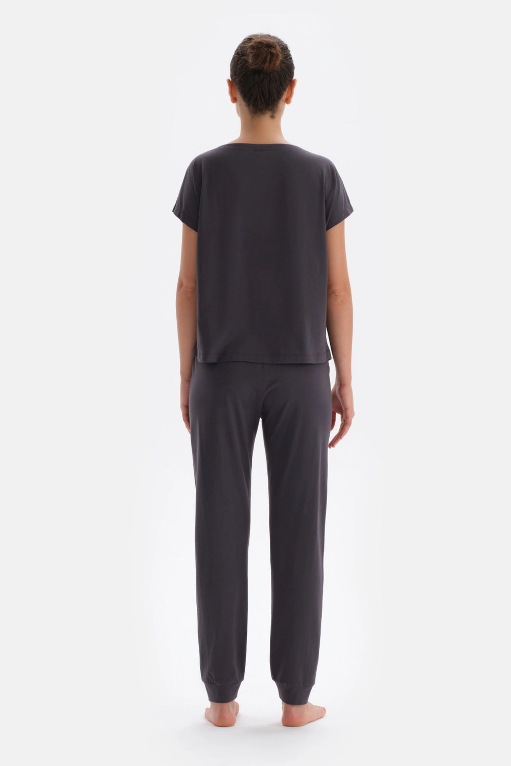 Antrasıt Kayık Yaka Kısa Kollu Örme Pijama Takımı