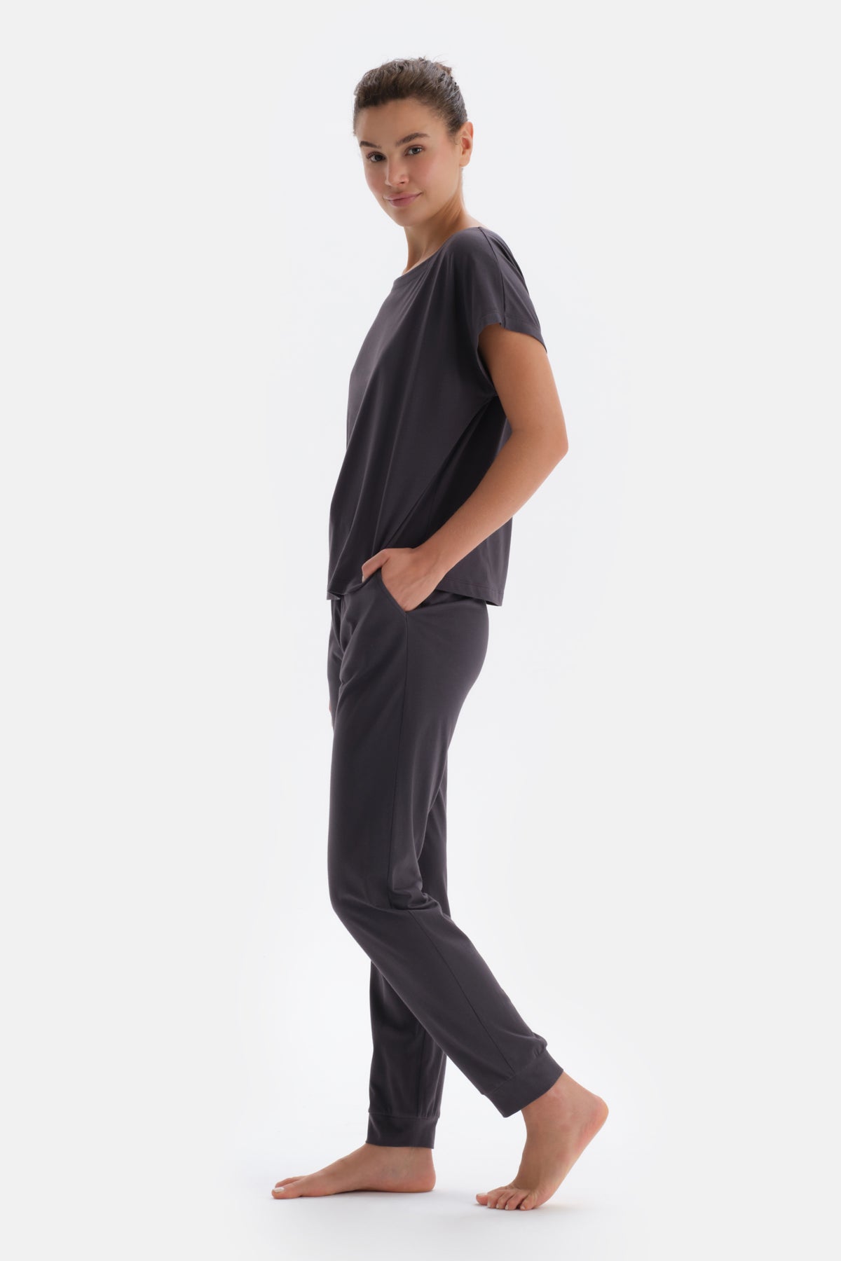 Antrasıt Kayık Yaka Kısa Kollu Örme Pijama Takımı