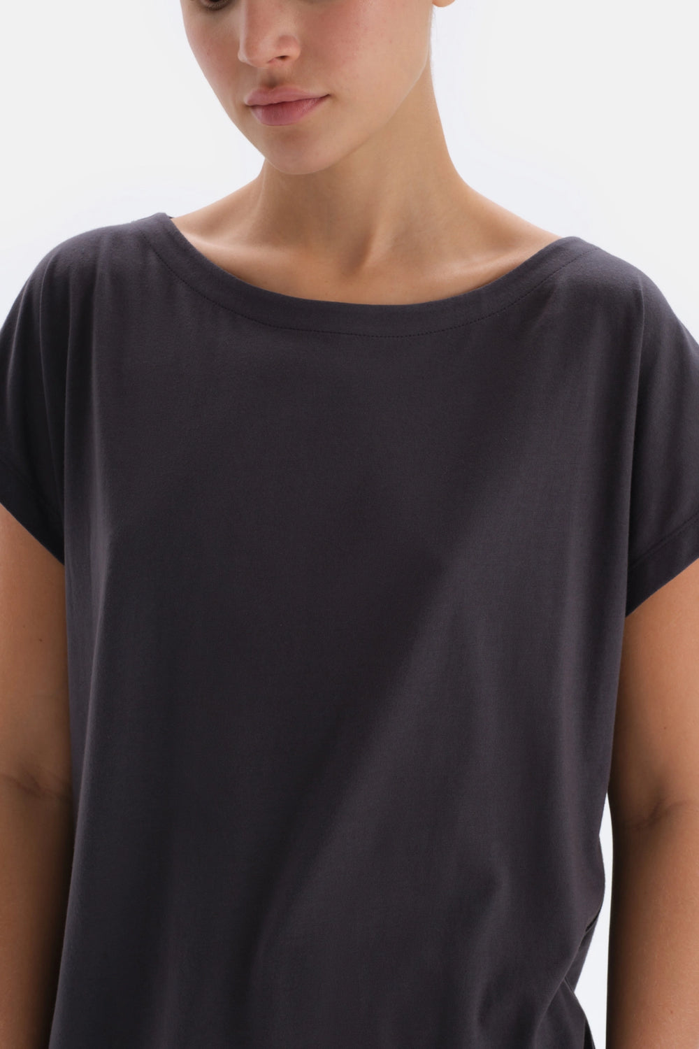 Antrasıt Kayık Yaka Kısa Kollu Örme Pijama Takımı