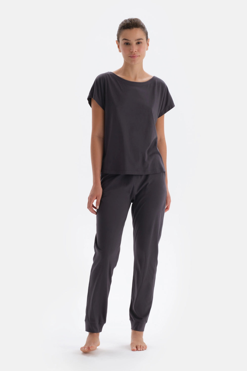 Antrasıt Kayık Yaka Kısa Kollu Örme Pijama Takımı