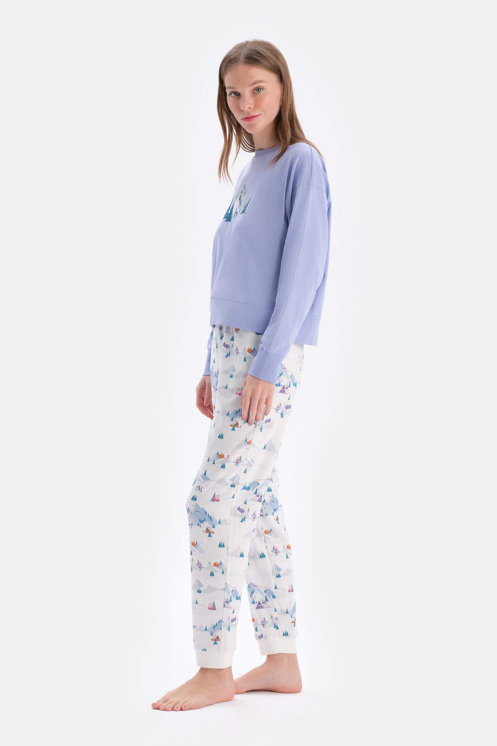 Açık Mavi Baskı Detaylı Bisiklet Yaka Pijama Takımı