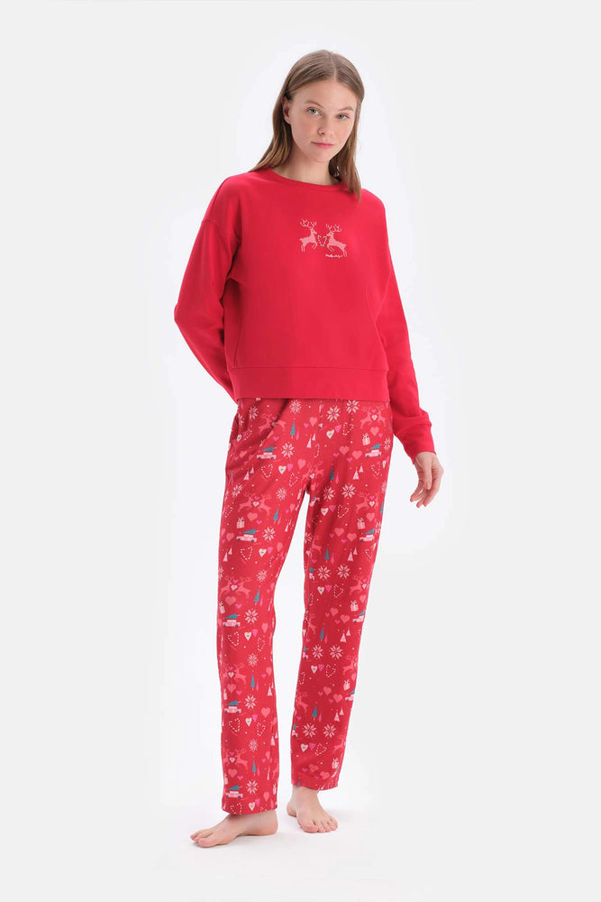 Kırmızı Baskı Detaylı Bisiklet Yaka Pijama Takımı