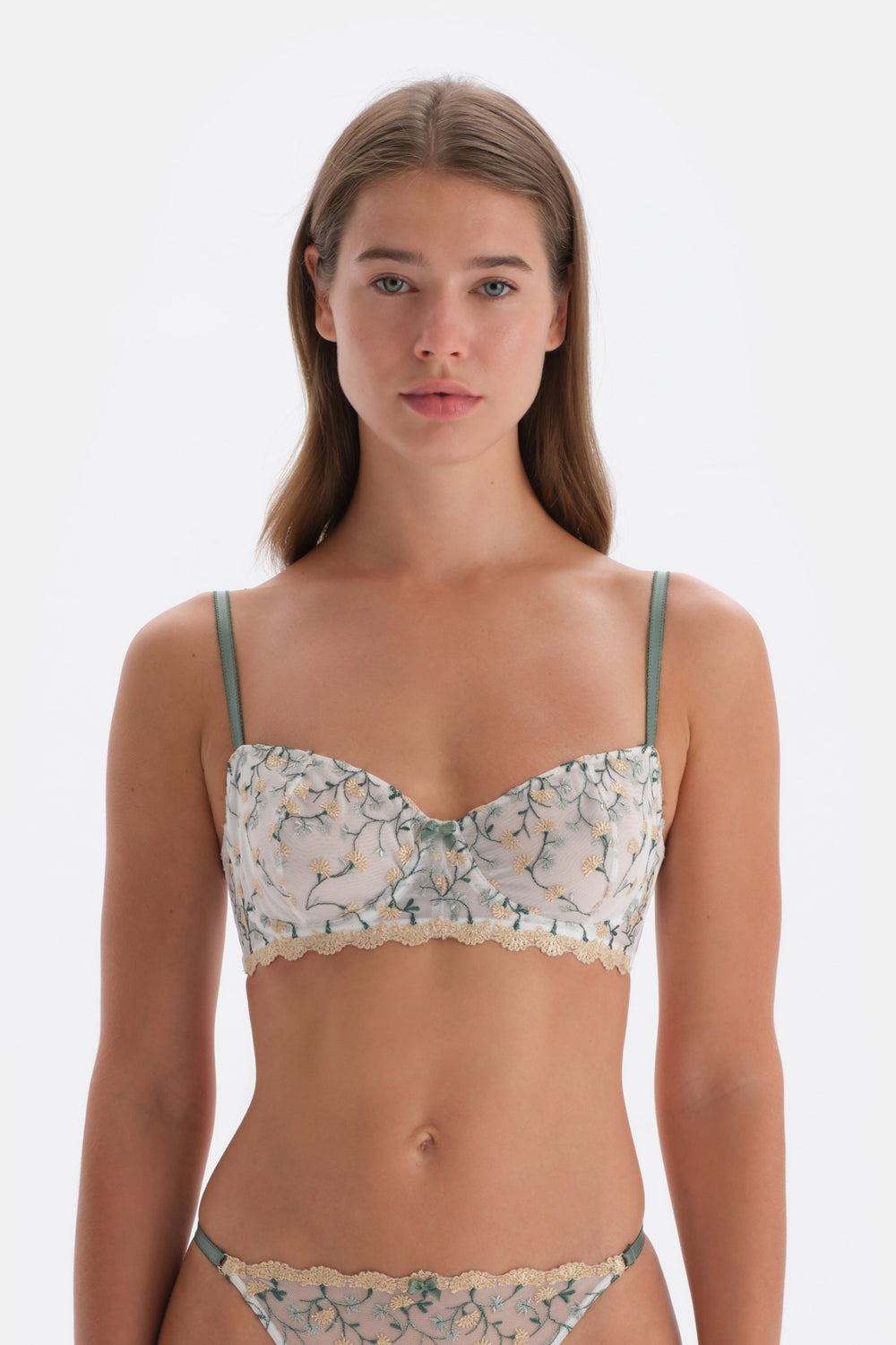 Ekru Çiçek Nakış Detaylı Dolgusuz Balenli Sütyen