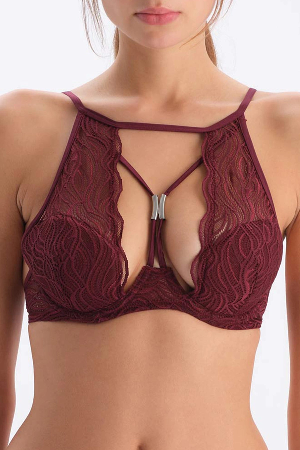 Bordo Dantelli Dolgusuz Balenli Sütyen