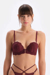 Bordo Aksesuar Detaylı Dantelli Push-Up Sütyen