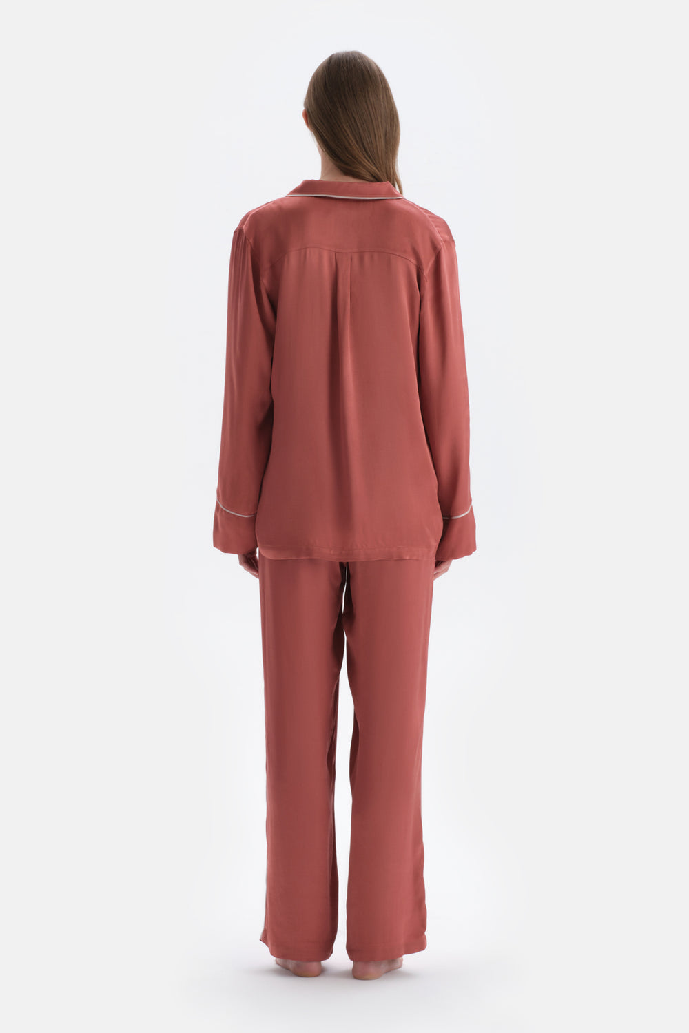 Kiremit Biye Detaylı Saten Pantolon Pijama Altı