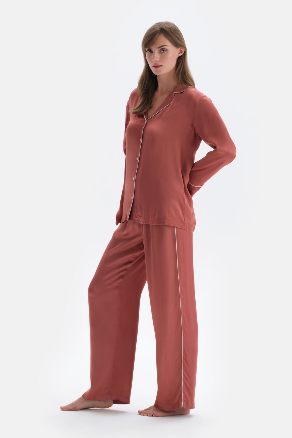 Kiremit Biye Detaylı Saten Pantolon Pijama Altı