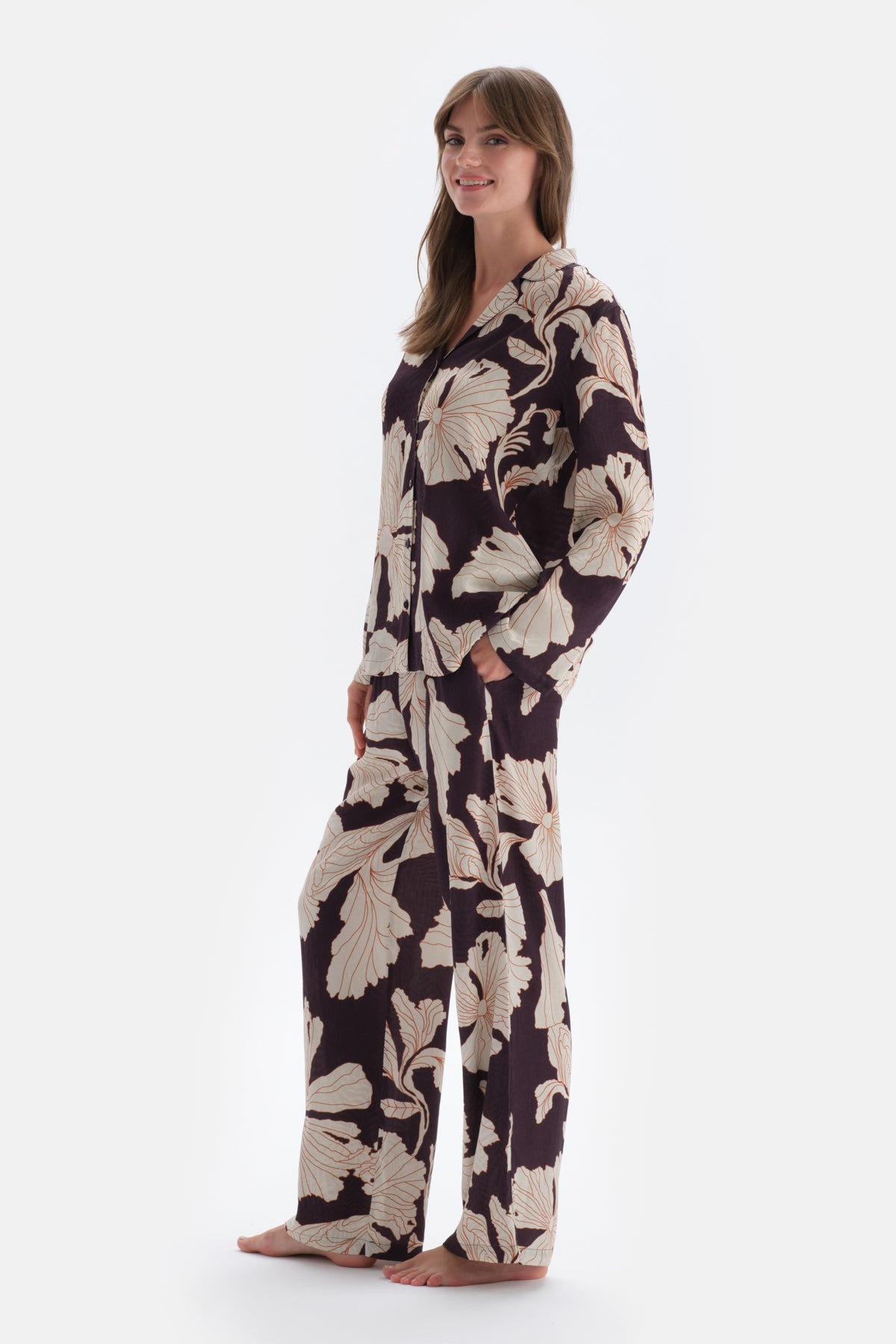 Mor Çiçek Baskı Detaylı Saten Pantolon Pijama Altı