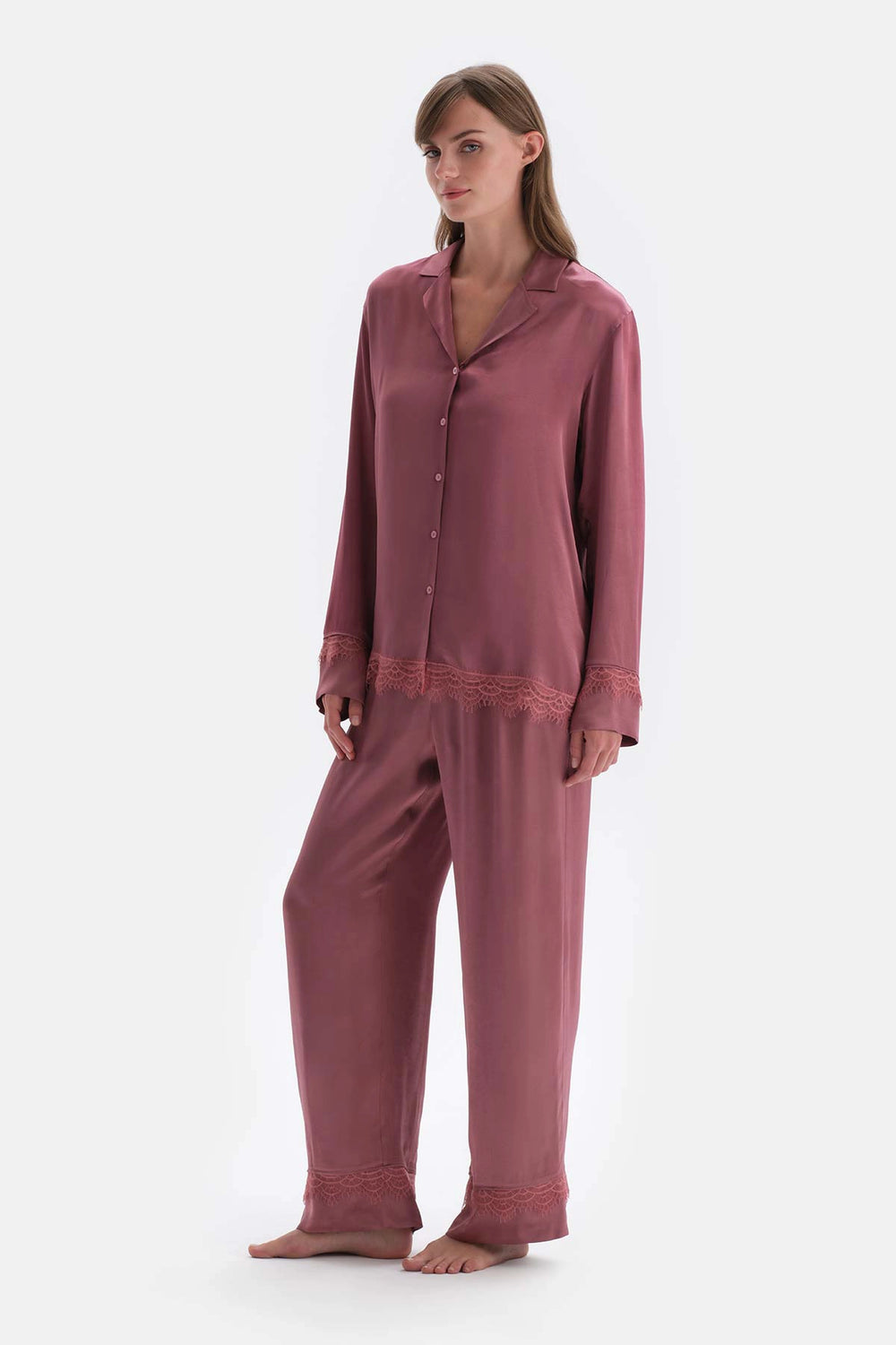 Gül Kurusu Dantel Detaylı Dokuma Pantolon Pijama Altı