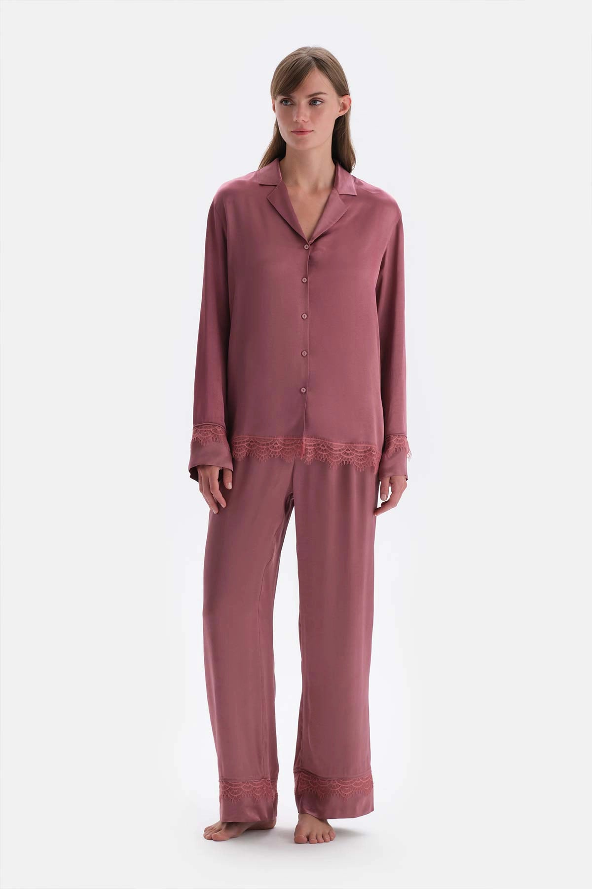 Gül Kurusu Dantel Detaylı Dokuma Pantolon Pijama Altı