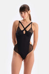 Siyah Tül Detaylı Balenli Bodysuit