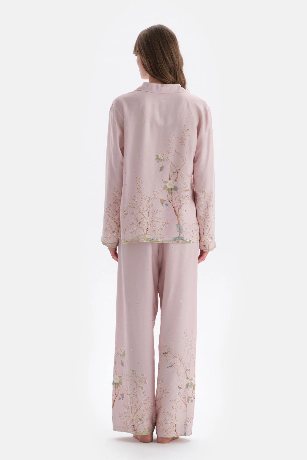 Açık Lila Metraj Baskılı Saten Gömlek Pijama Üstü
