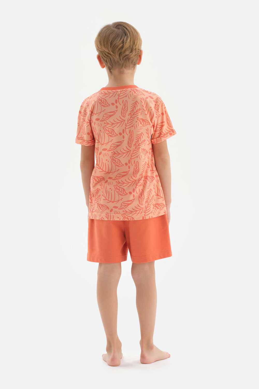 Turuncu Erkek Çocuk Metraj Baskılı Kısa Kol Şortlu Pijama Takımı