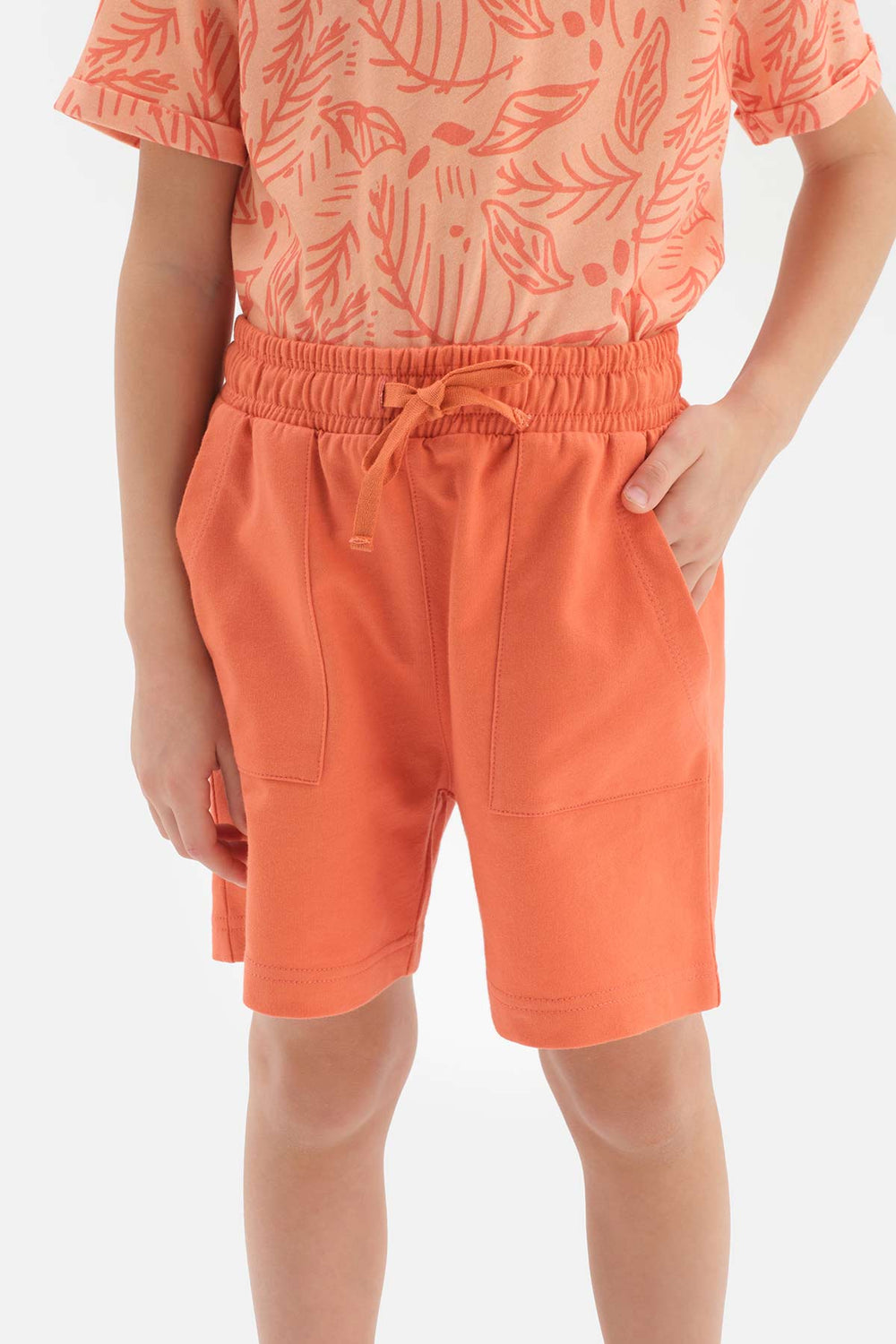 Turuncu Erkek Çocuk Metraj Baskılı Kısa Kol Şortlu Pijama Takımı