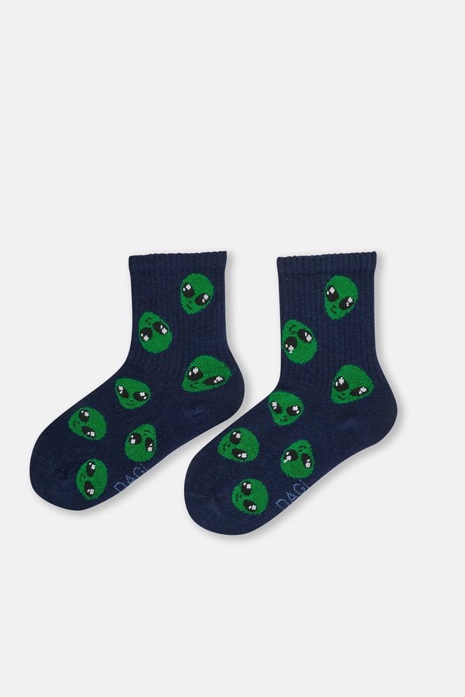 Lacivert Erkek Çocuk Uzaylı Desenli Spor Çorap