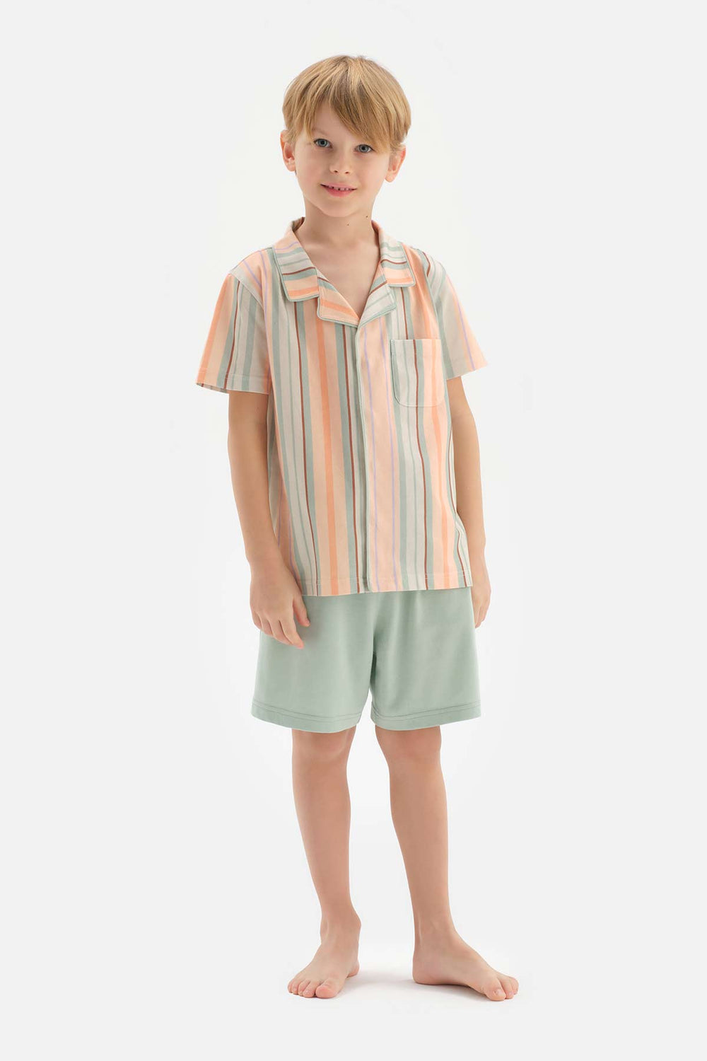 Multicolour Gömlek Yaka Çizgili Kısa Kollu Şortlu Pijama Takımı