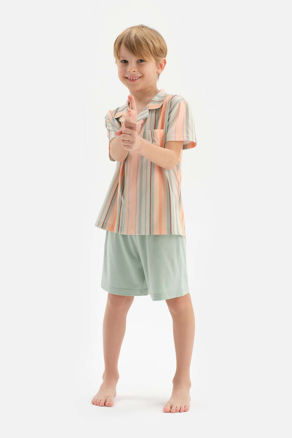 Multicolour Gömlek Yaka Çizgili Kısa Kollu Şortlu Pijama Takımı