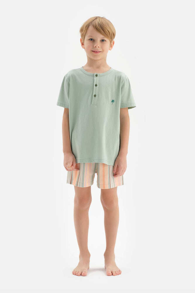 Mint Yarım Patlı Nakış Detaylı Tişört Şort Pijama Takımı
