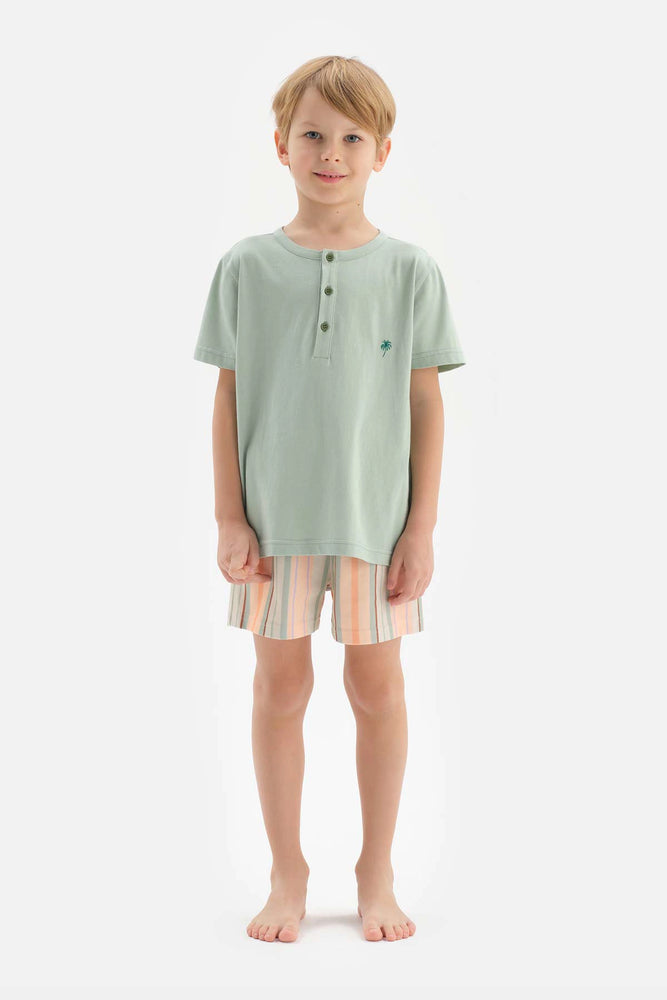 Mint Yarım Patlı Nakış Detaylı Tişört Şort Pijama Takımı