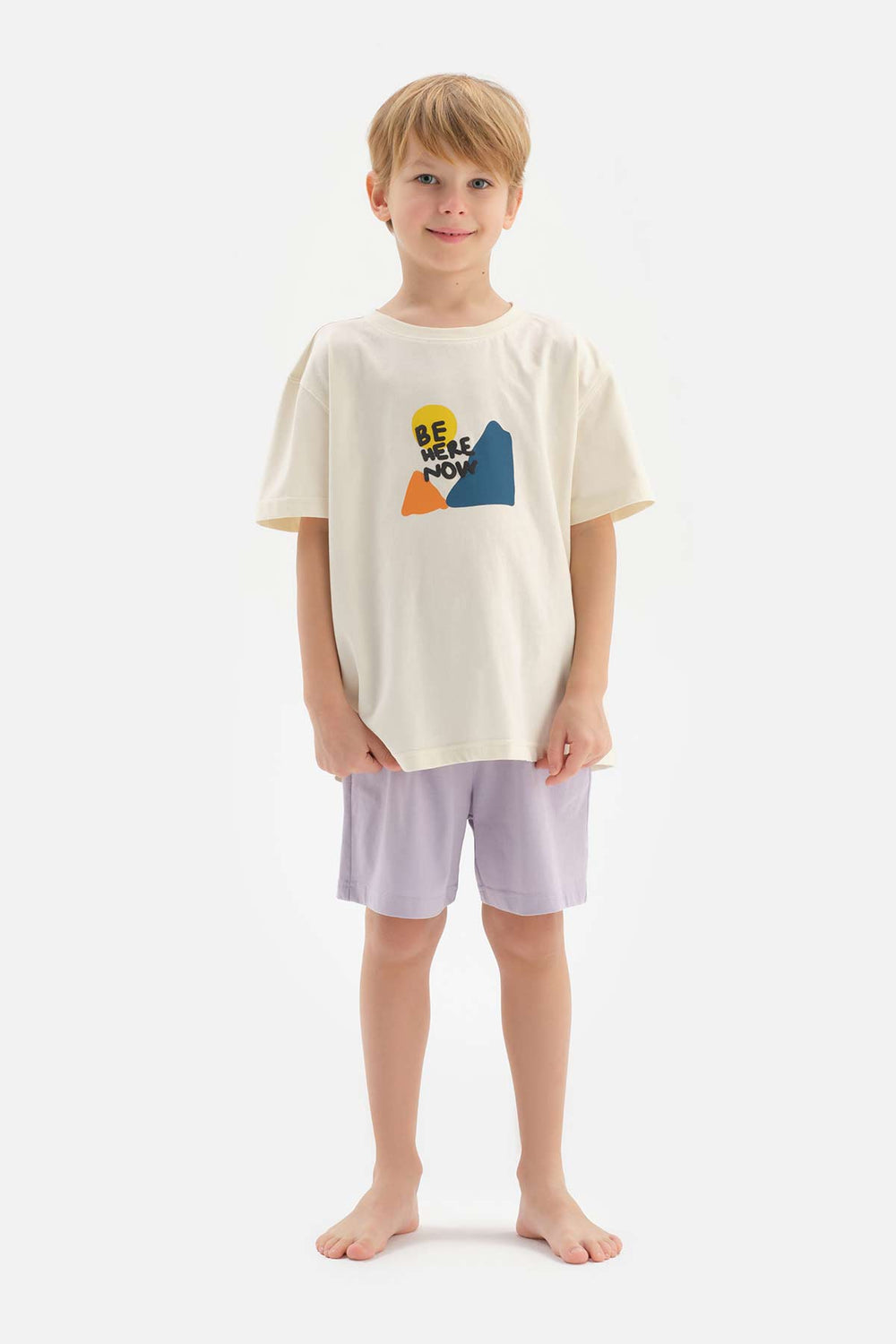 Ekru Erkek Çocuk Slogan Baskılı Kısa Kol Şortlu Pijama Takımı