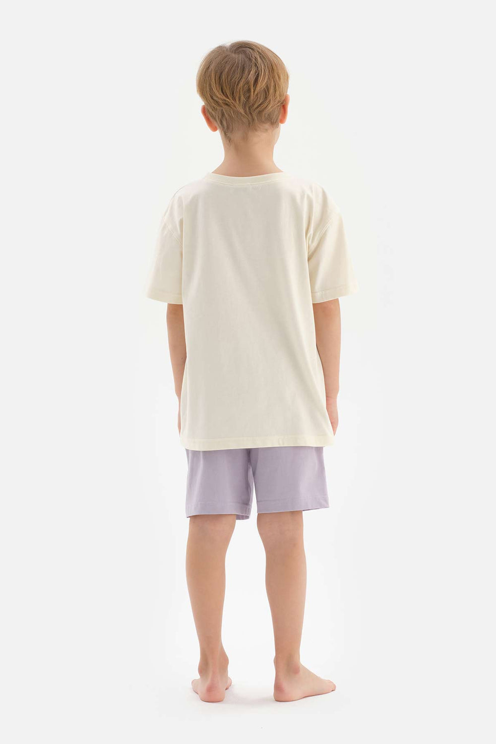 Ekru Erkek Çocuk Slogan Baskılı Kısa Kol Şortlu Pijama Takımı